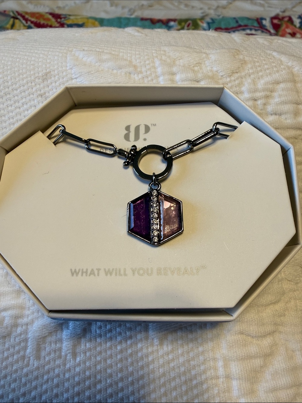 Bomb Party Purple Crystal Geometric Pendant Necklace Gunmetal NIB